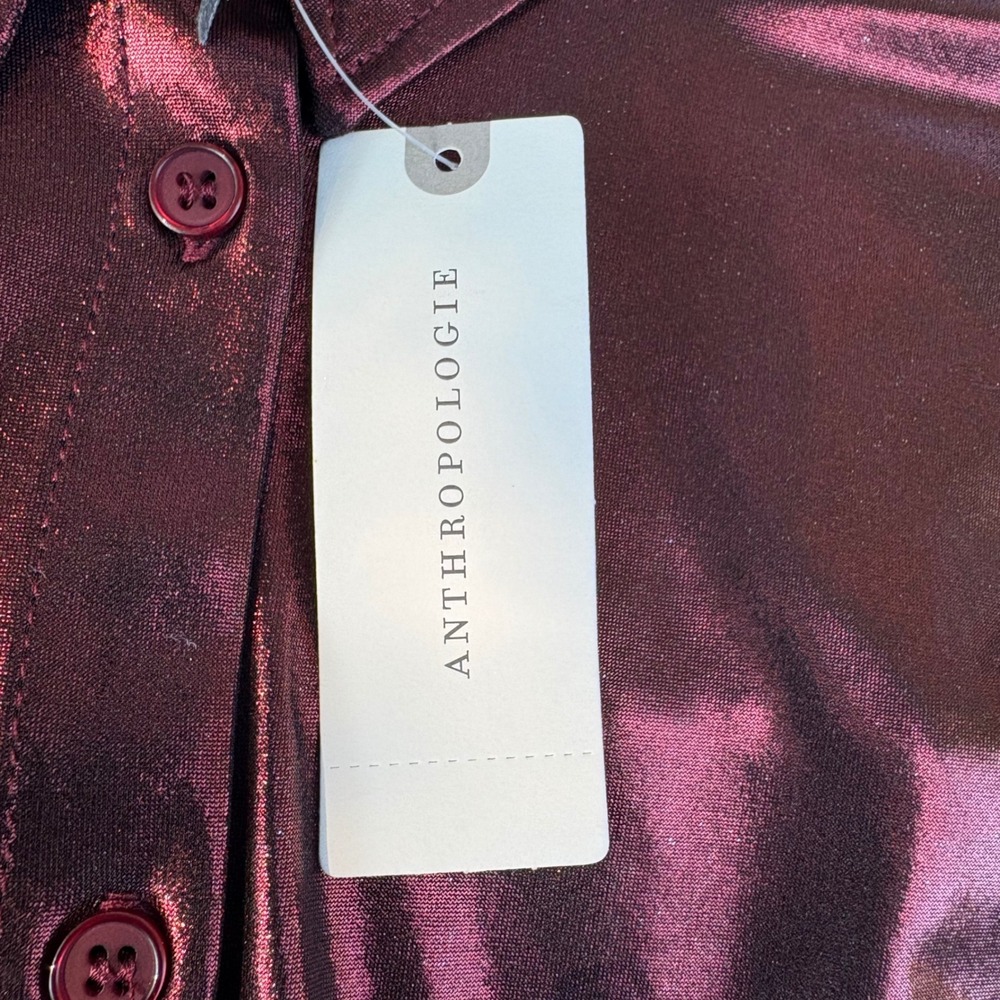 Anthropologie Metallic Burgundy Button Down Shirt Long Sleeve Shimmer Womens M - Picture 6 of 8